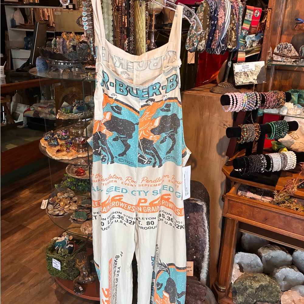Graphic Print Jumpsuit in Cream, Teal & Orange - Picture 2 of 3